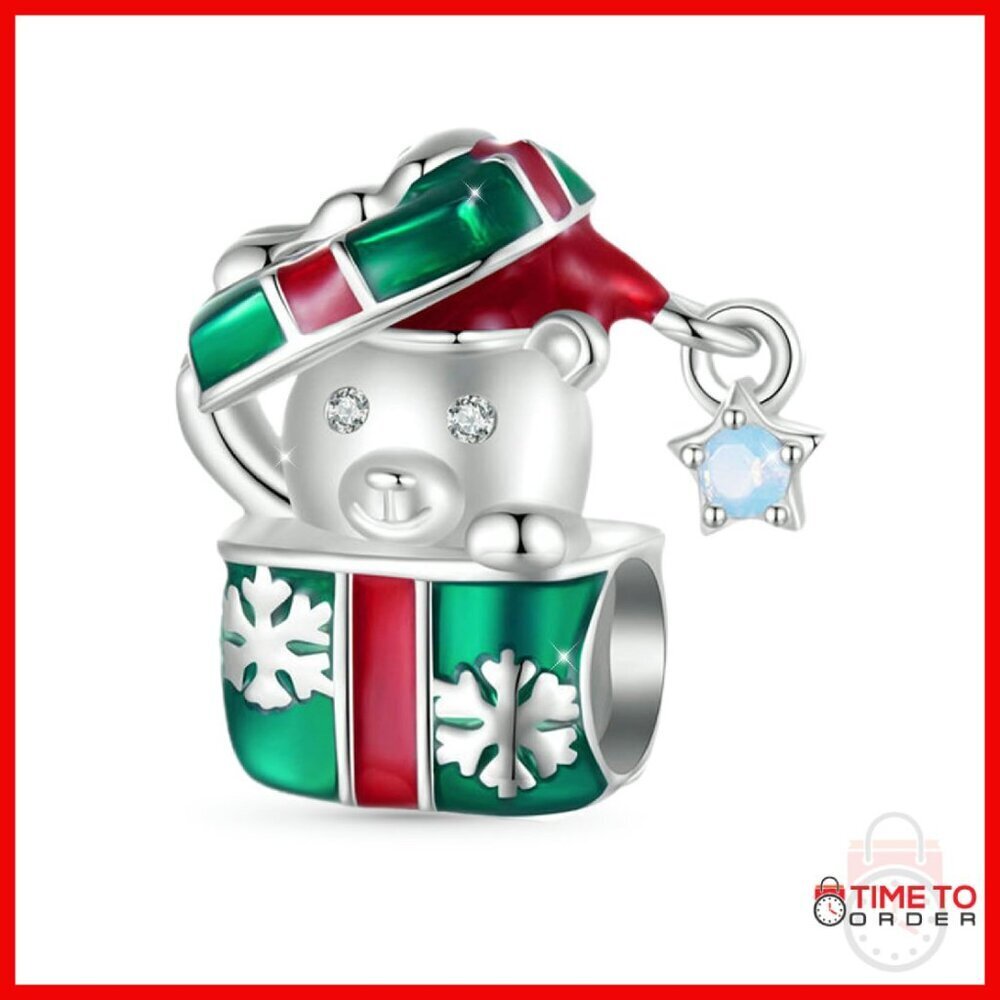 Sterling Silver Bear Charm Bead for Bracelet or Necklace Christmas Gift